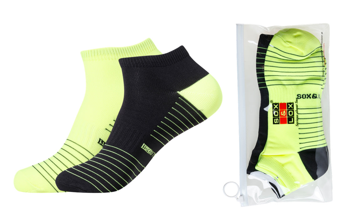 Men's Quick Dry & Cool Low Cut Socks 2 pack, ideal for Travel, Sports & Exercise. Black & Neon Yellow